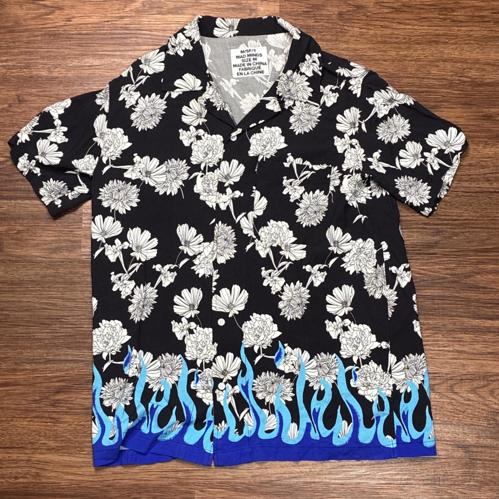 M/SF/T Mad Minds Floral Flame Button Up Shirt Men's M Black White Blue Rayon